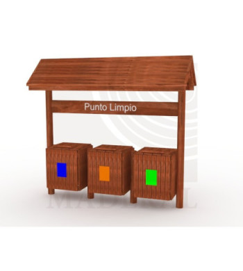 basurero triple ecológico con techo, punto limpio.