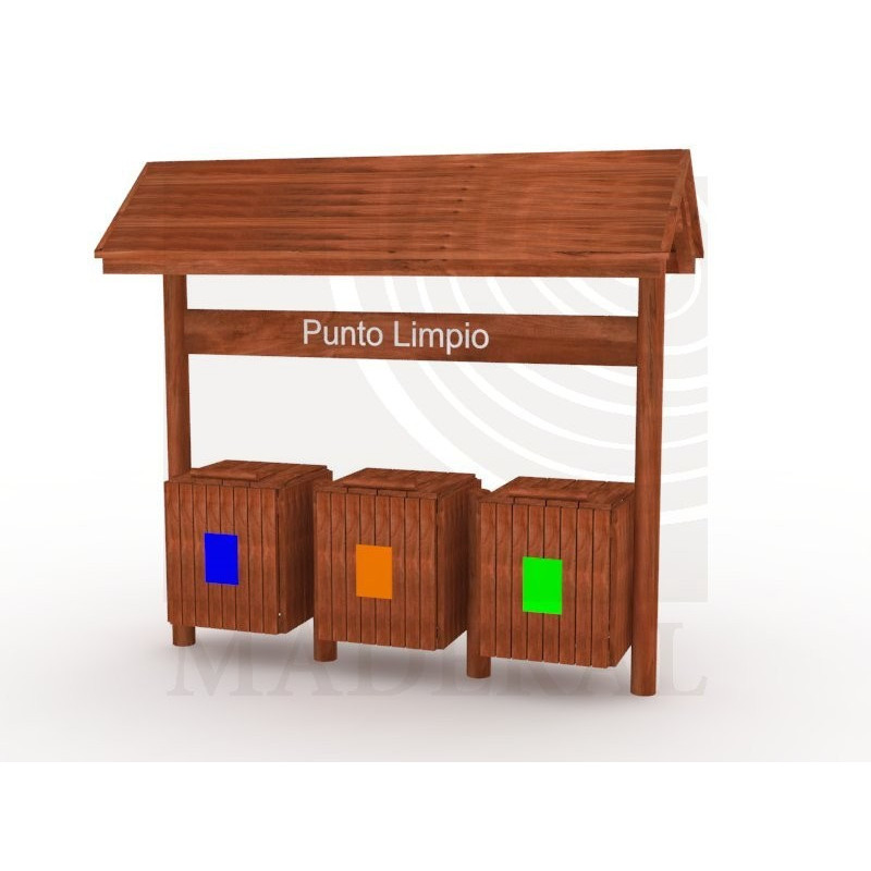 basurero triple ecológico con techo, punto limpio.