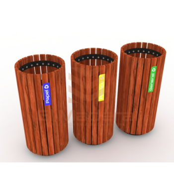 Basurero cilindro metal madera