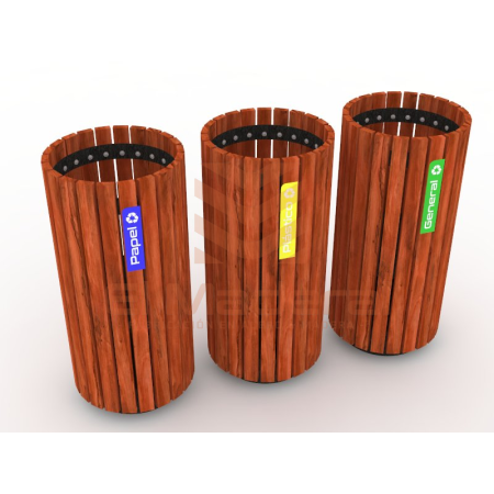 Basurero cilindro metal madera