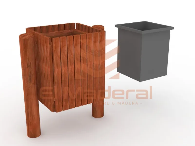 Basurero cuadrado de madera con canastillo interior