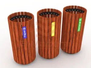 Basurero cilindro metal madera